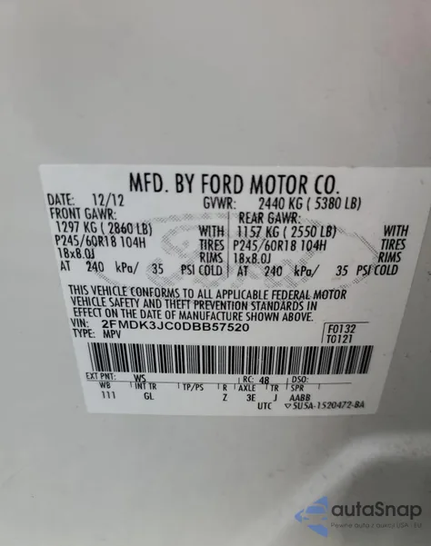 2013 Ford Edge Sel из США, поврежденный, VIN 2FMDK3JC0DBB57520